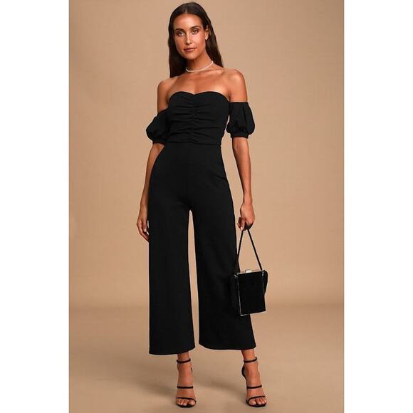 Lulus Impress Release Black Off-the-shoulder Puff Sleeve Jumpsuit - Size S - Picture 1 of 7